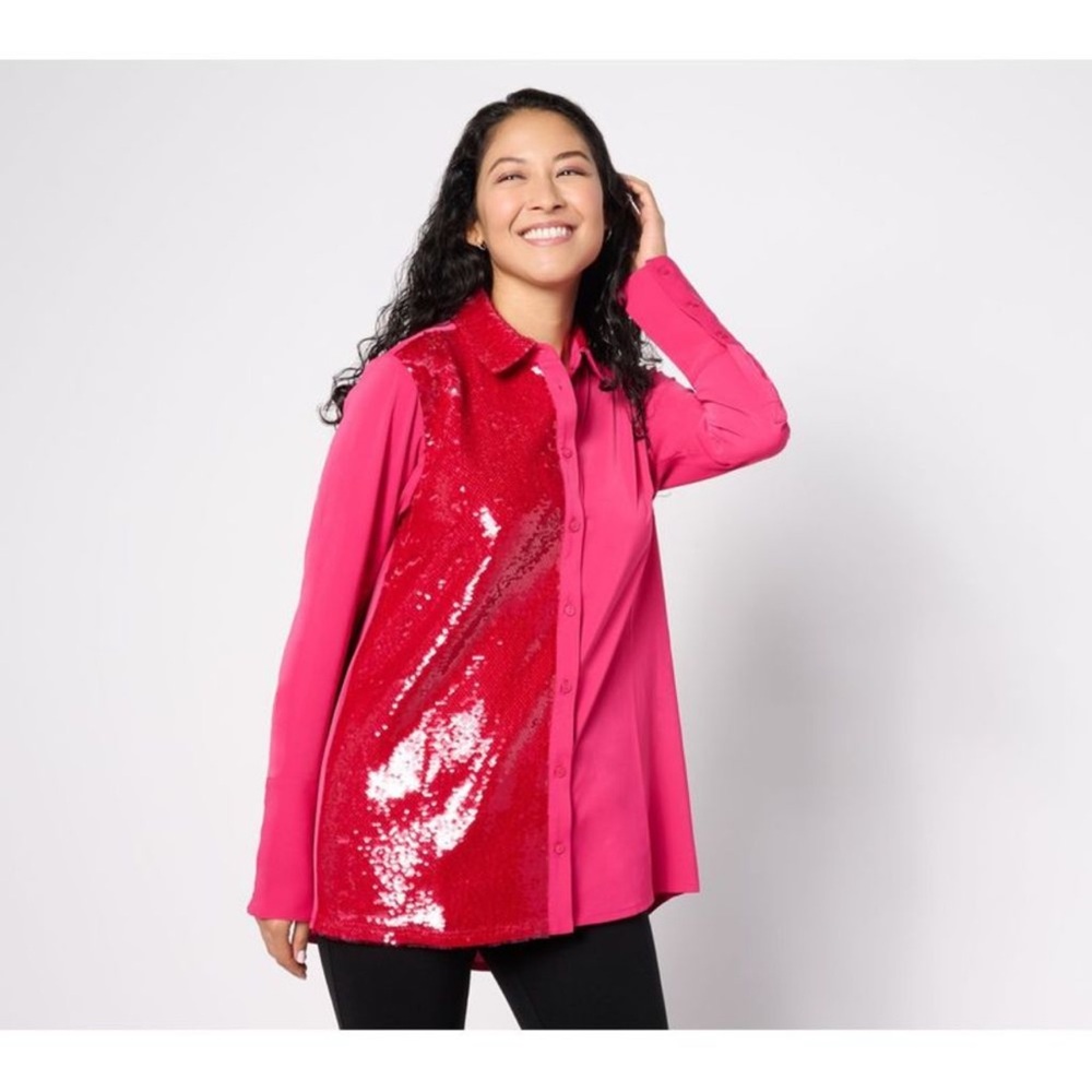 Peace Love World | Sequin hot Pink button down oversized blouse Sz L